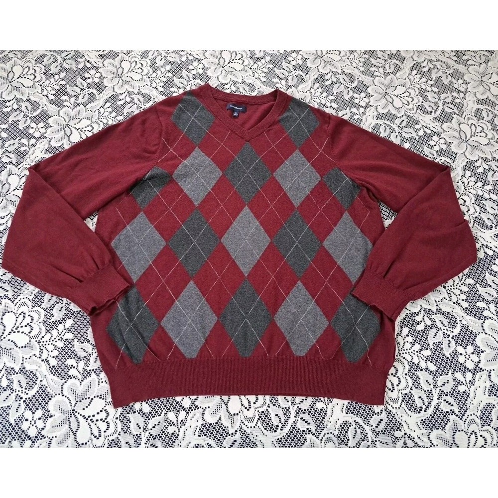 Croft & Barrow Sweater Sz XL Burgundy Gray Argyle Pullover V-Neck Rayon Cotton